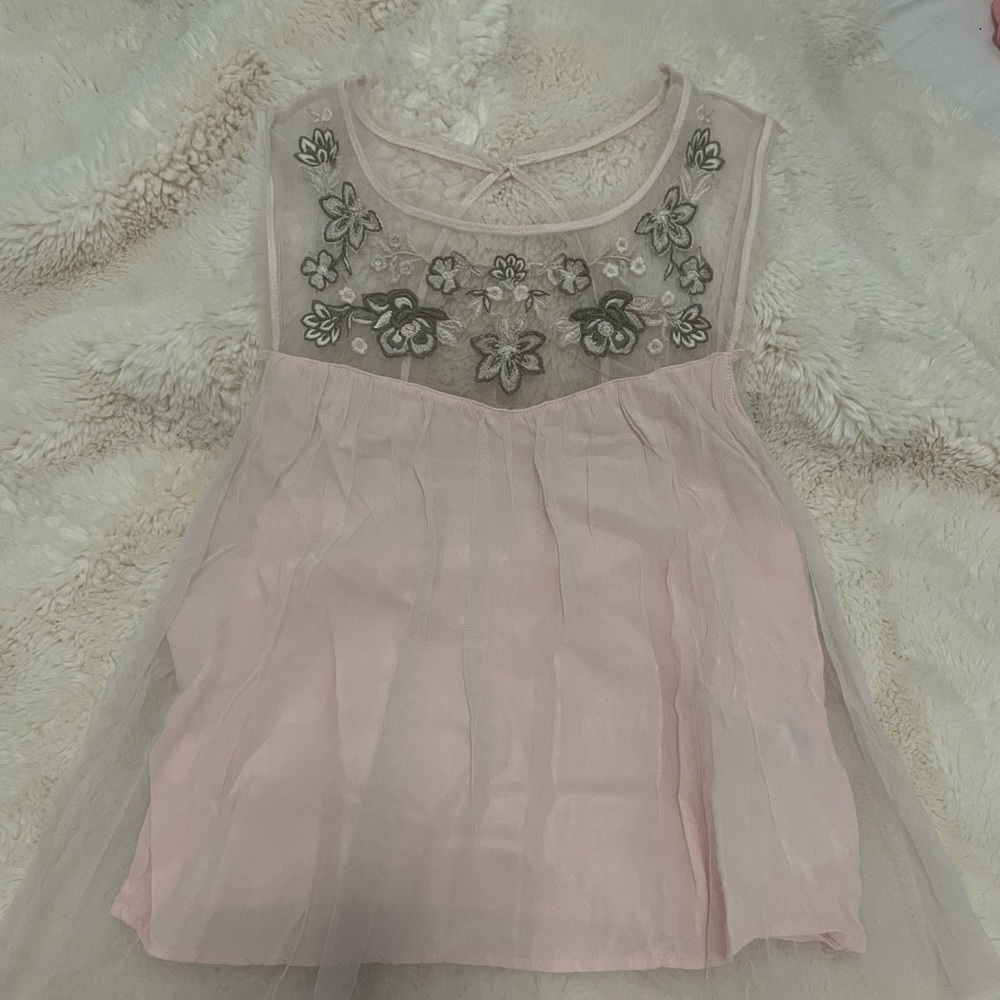 Sleeveless Tulle Floral Top - Light Pink - Size M